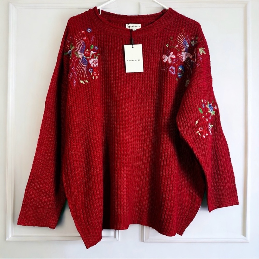 Anthropologie Pepaloves Embroidered Crane Floral Pullover Sweater Wine Red NEW